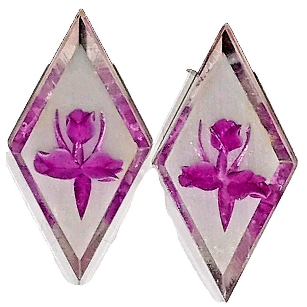 Vintage Purple Orchid Screw Back Earrings Silver Tone Resin Real Flower Dancing